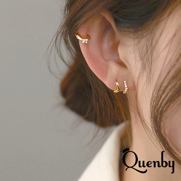Quenby 聖誕交換禮物 平價飾品 韓系率性簡約帶鑽小巧精緻耳扣/耳骨夾/耳針-3入組