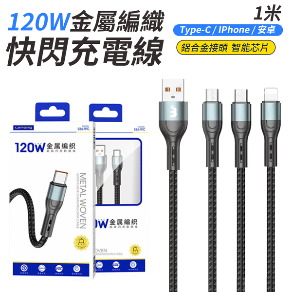 充電線 快閃金屬編織充電線 120W 1米 充電傳輸線 編織充電線 數據線 type-c 安卓 iPhone