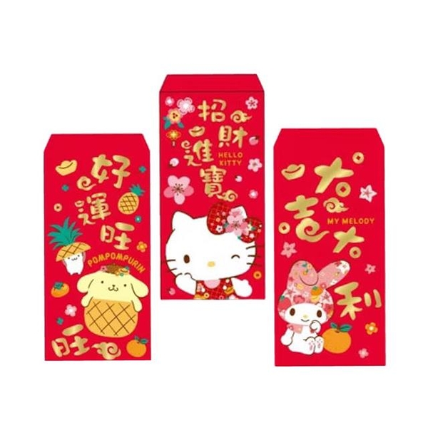 小禮堂 Sanrio 三麗鷗 燙金中式紅包4入組 (花卉款) Kitty 美樂蒂 布丁狗