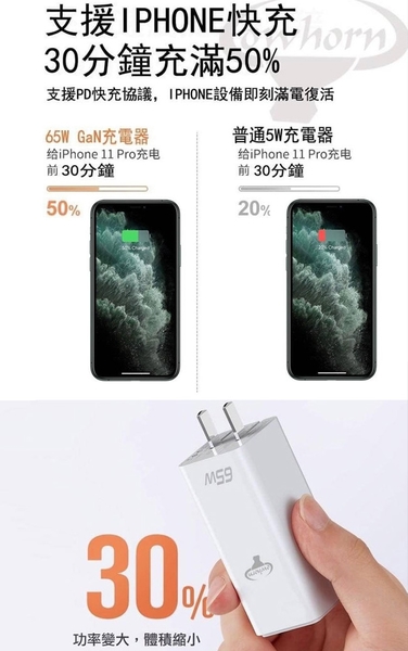 COWHORN GaN迷你氮化鎵65W快充充電器(台灣版)黑+HANG Type-C to Lightning PD快充線-藍 product thumbnail 5