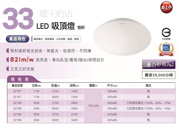 【燈王的店】 飛利浦 LED 愷昕 30W 吸頂燈 三段壁切調光(全電壓)(白光/黃光) 32168 product thumbnail 2