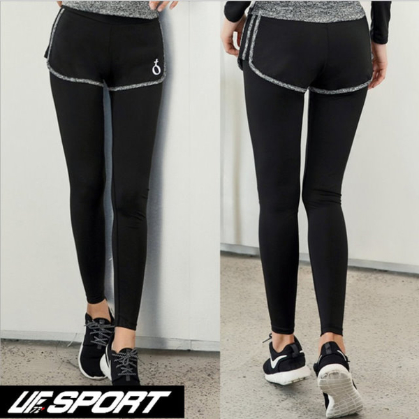【UF72+】UF-W17121/黑灰/時尚高彈力女款速乾瑜珈輕壓假兩件運動褲