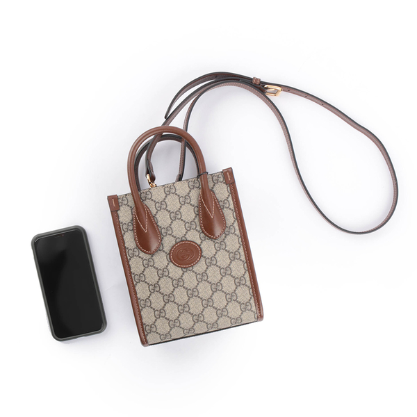 【GUCCI】Interlocking G 迷你手提/斜背托特包(棕色) 671623 92TCG 8563