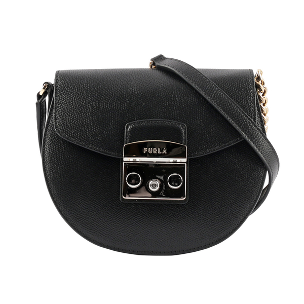 【FURLA】Metropolis 壓紋牛皮金鍊半月型迷你斜背包(黑色) BATJEPO ARE000 O6000