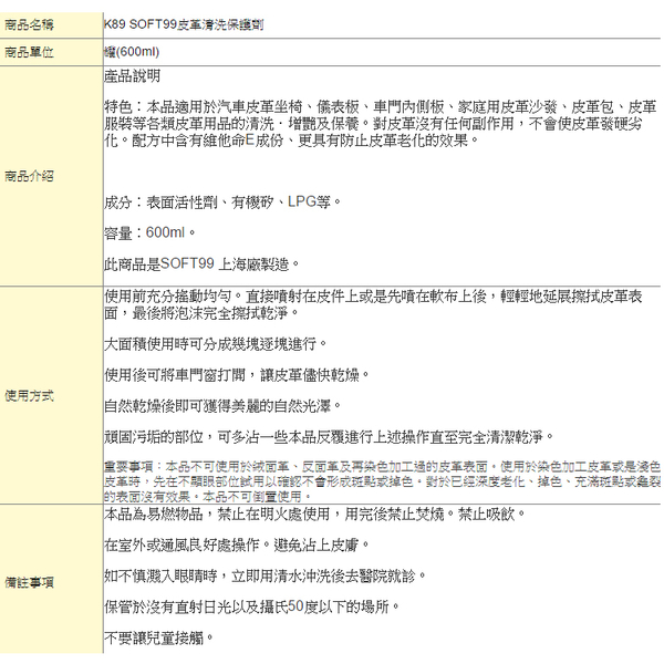 清潔劑．日本SOFT99皮革清洗保護劑．清洗 增艷 保養．600ml一瓶【鞋鞋俱樂部】【906-K89】 product thumbnail 3