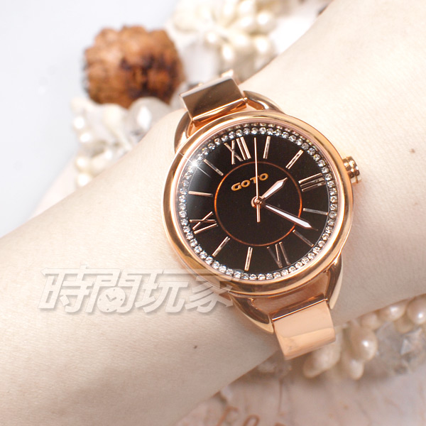 GOTO 閃耀晶鑽羅馬簡約腕錶 不銹鋼 女錶 玫瑰金電鍍x黑 GS1377L-44-341