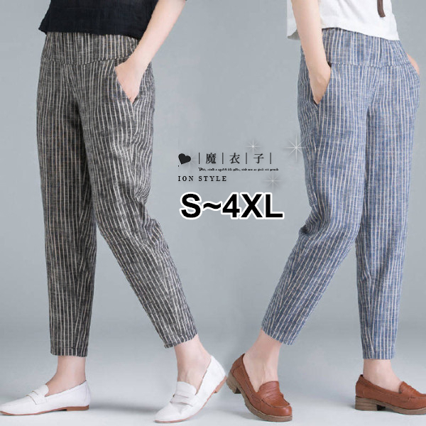 【QV3365】魔衣子-豎條紋寬鬆顯瘦休閒九分褲