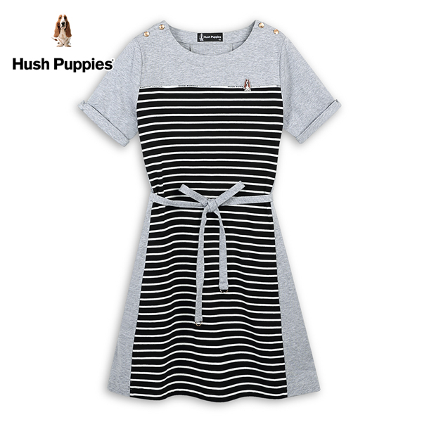 Hush Puppies 洋裝 女裝拼接條紋肩釦飾刺繡小狗腰綁帶洋裝