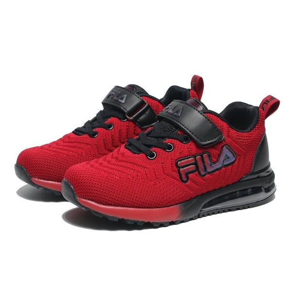 FILA 慢跑鞋 紅黑 網布 氣墊 鬆緊鞋帶 魔鬼氈 中童 大童 (布魯克林) 3J406V220