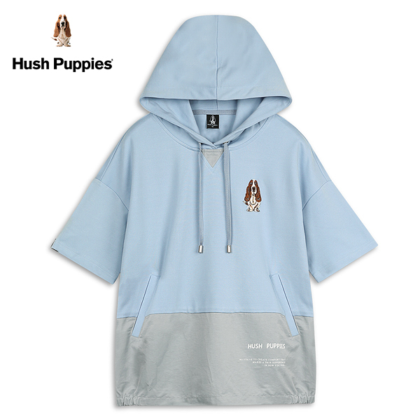 Hush Puppies 帽T 女裝異材質拼接刺繡狗連帽上衣