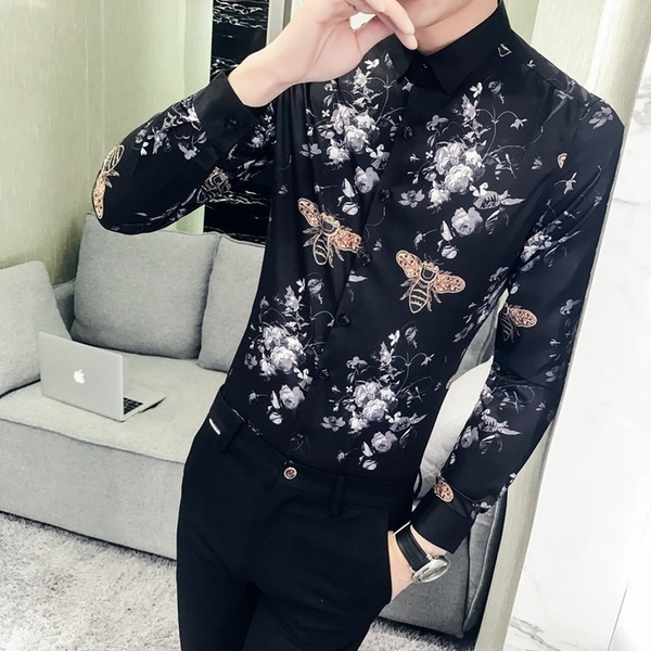 FINDSENSE G6 韓國時尚 春季新款男士長袖襯衫個性蜜蜂印花襯衫