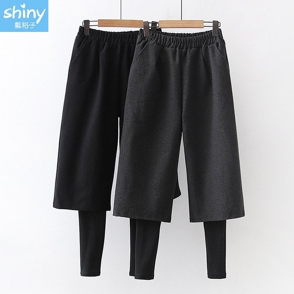 【D60436】shiny藍格子-日系秋冬保暖毛呢假兩件九分寬管褲。