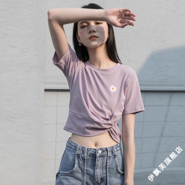 香芋紫t恤女短袖夏季短款高腰露臍上衣小眾設計感小衫