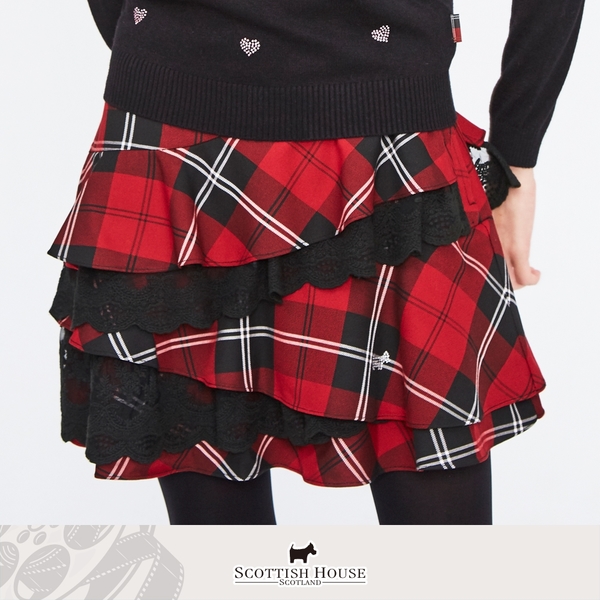 紅黑格 斜裁不對稱蕾絲蛋糕格短裙 Scottish House 【AM2118】