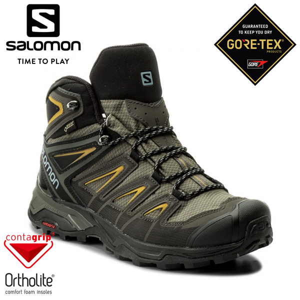 【SALOMON 索羅門 男 X ULTRA 3 GTX中筒登山鞋《凱斯灰/黑/硫磺綠》】401337/戶外鞋/登山鞋