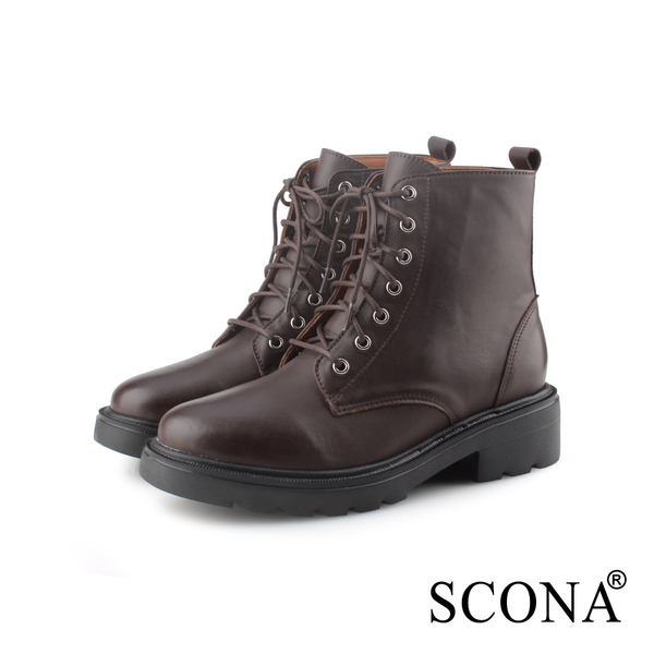 SCONA 蘇格南 全真皮 經典率性綁帶短靴 咖啡色 8810-2