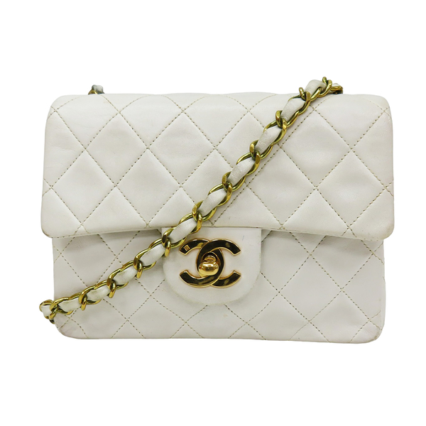 【二手名牌BRAND OFF】CHANEL 香奈兒 白色 牛皮 Mini Square 肩背包 無卡