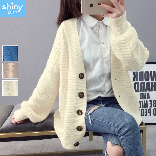 【V2652-1】shiny藍格子-瑕疵特賣．純色寬鬆針織毛衣外套