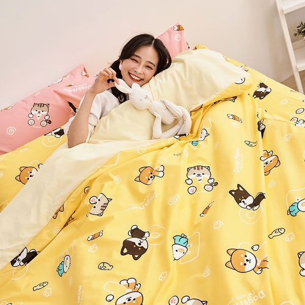 床包被套組 / 雙人【逗柴貓黃】含兩件枕套 高密度磨毛布 戀家小舖台灣製 柴犬 貓