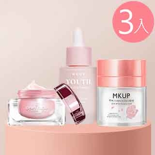 MKUP 美咖 玻璃水光霜+賴床美白素顏霜+奇肌幻顏霜SPF15 (妝前乳)