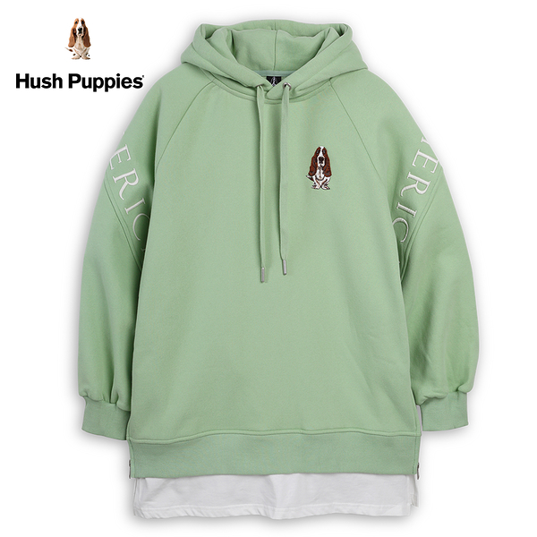 Hush Puppies 帽T 女裝品牌繡花內刷毛長版假兩件帽T