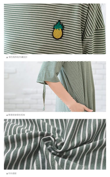 休閒洋裝--經典條紋個性貼布繡圓領單邊割破短袖連身裙(藍.綠XL-5L)-D467眼圈熊中大尺碼 product thumbnail 10