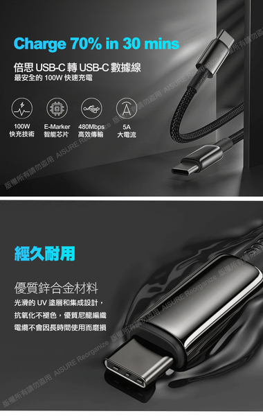 MyStyle 65W GaN氮化鎵極速充電器-白+倍思 鎢金線 Type-C to Type-C 快充充電線100cm product thumbnail 6