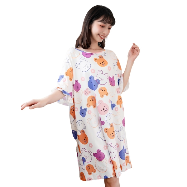 睡裙--可愛印圖寬鬆牛奶絲居家圓領緹花滾邊短袖睡衣(白.紫XL-5L)-L26眼圈熊中大尺碼 product thumbnail 3