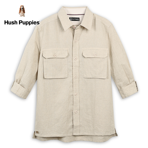 Hush Puppies 襯衫 男裝素色亞麻七分袖貼袋襯衫