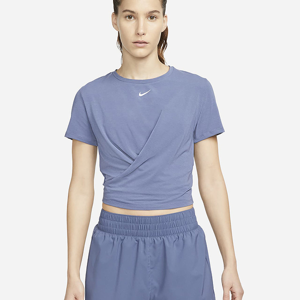 NIKE 短T DRY-FIT 藍 反光 小LOGO 訓練 短版 扭結上衣 女 DD4922-491