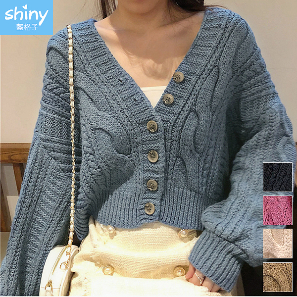 【V3615】shiny藍格子-慵懶風．麻花V領短版長袖毛衣針織外套