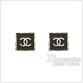 CHANEL CC LOGO金屬方框搭配皮革設計穿式耳環(金x黑)