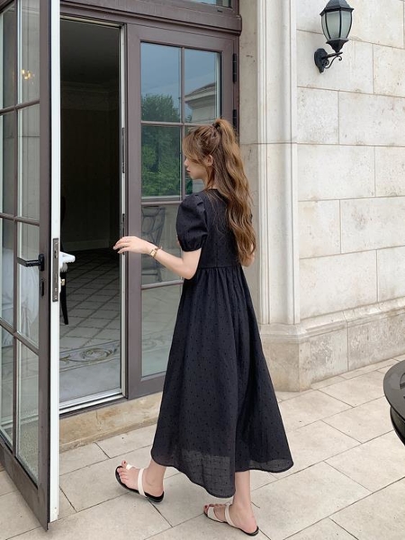 e貝~ BingDaily圓領泡泡袖小波點法式連身裙女2022夏季新款韓系a字裙子洋裝