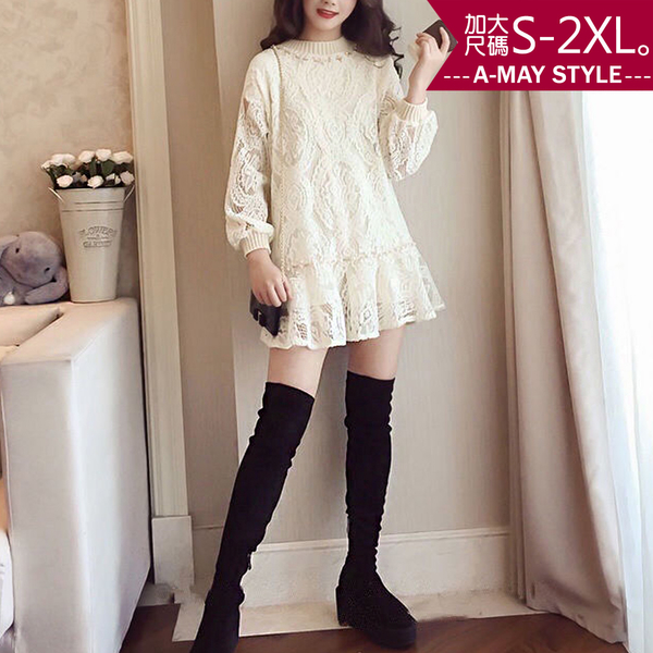 加大碼連身裙-典雅蕾絲圓領縫珠洋裝 (S-2XL) product thumbnail 2