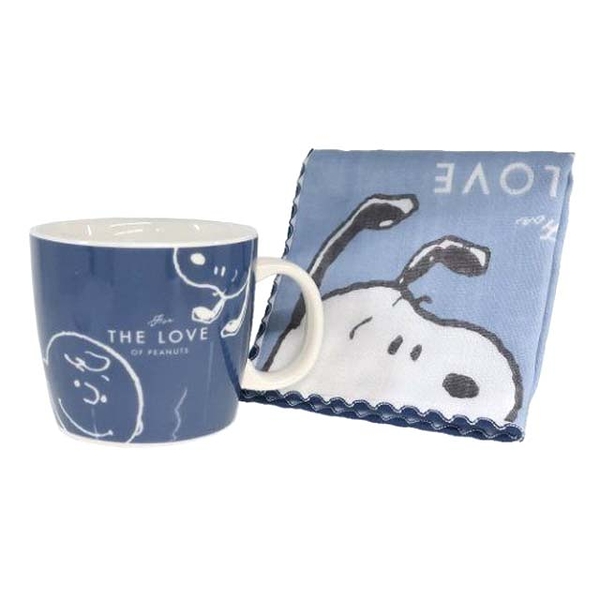 小禮堂 Snoopy 陶瓷馬克杯方巾組 310ml (藍大臉款) 4550432-045712