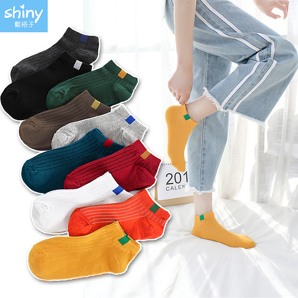 【30A19】shiny藍格子-柔軟舒適運動布標棉短筒女襪