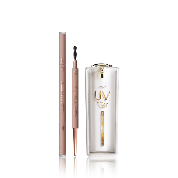 MKUP 美咖 1mm超欠扁眉筆0.8g(3色)+頂級白珍珠UV素顏霜SPF50 30ML