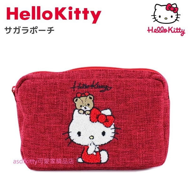 asdfkitty*KITTY x MANUFATTO紅色泰迪熊刺繡帆布方型收納包/手拿包-日本正版商品