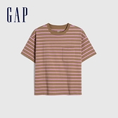 Gap女裝 休閒單口袋質感厚磅短袖T恤 629545-駝色條紋