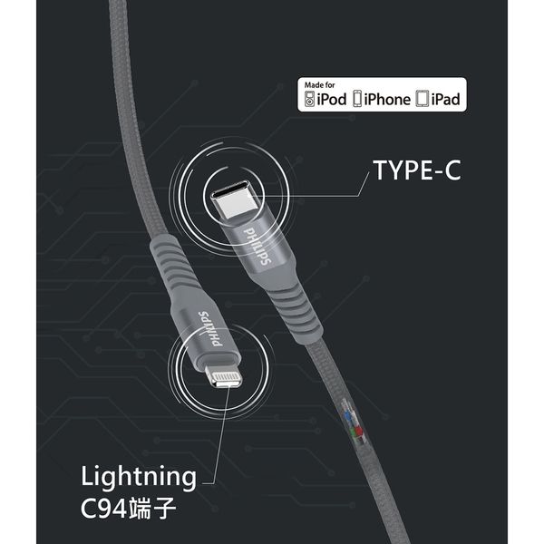 飛利浦USB-C to lightning充電/傳輸漁網編織線2m DLC4561V product thumbnail 5