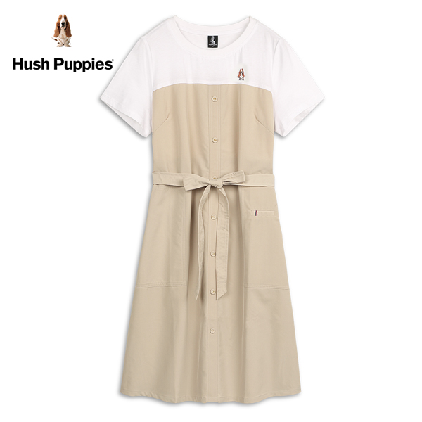 Hush Puppies 洋裝 女裝異材質拼接假兩件開襟綁帶洋裝
