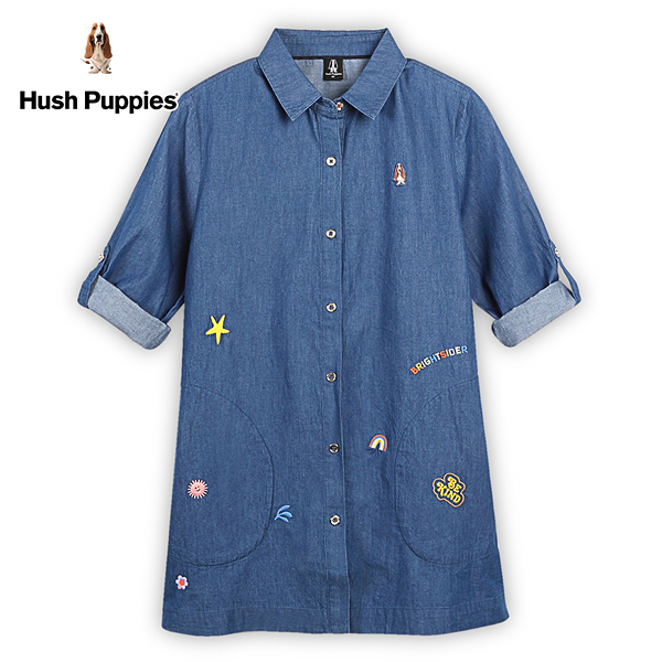 Hush Puppies 襯衫 女裝趣味繡花牛仔七分袖長版襯衫