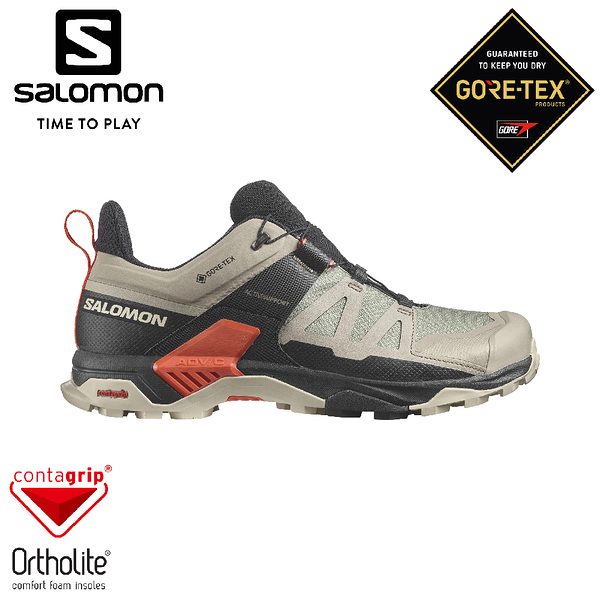 【SALOMON 索羅門 男 X Ultra 4 GTX 低筒登山鞋《復古卡其/黑/櫻茄紅》】417314/健行鞋