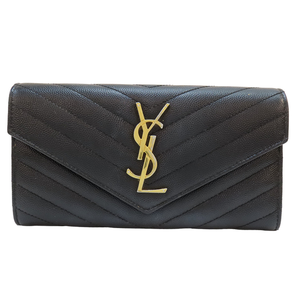 【二手名牌BRAND OFF】SAINT LAURENT YSL 聖羅蘭 黑色 牛皮 扣式長夾