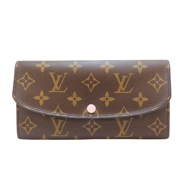 【二手名牌BRAND OFF】LOUIS VUITTON LV 路易威登 棕 粉色 原花 PVC塗層帆布 Emilie 扣式長夾 M61289