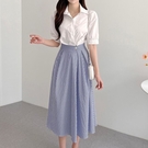 短袖洋裝/韓國CHIC/拼接條紋襯衫連身裙泰2072-A