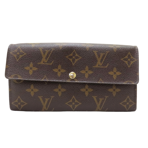 【二手名牌BRAND OFF】LOUIS VUITTON LV 路易威登【激安價】棕色 原花 PVC塗層帆布 SARAH 扣式長夾 M61734