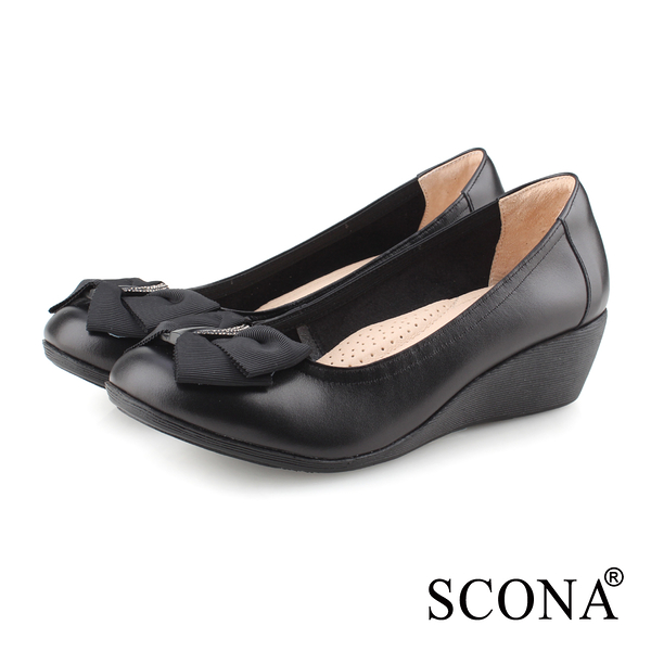 SCONA 蘇格南 全真皮 簡約舒適鑽飾楔型鞋 黑色 31198-1