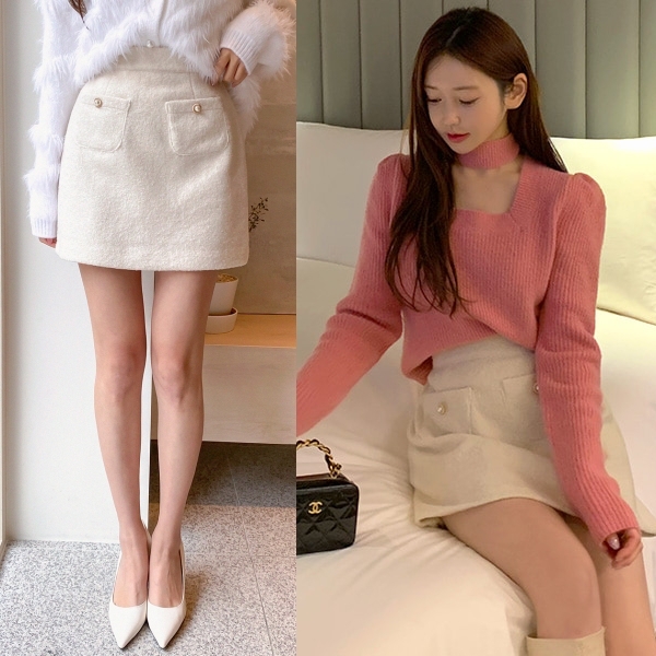 韓國製．質感仿羊羔絨珍珠釦口袋高腰短裙．白鳥麗子 product thumbnail 8