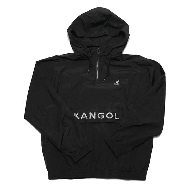 KANGOL 衝鋒衣 黑 灰刺繡LOGO 拼接 半開 連帽 風衣 男 6055160020